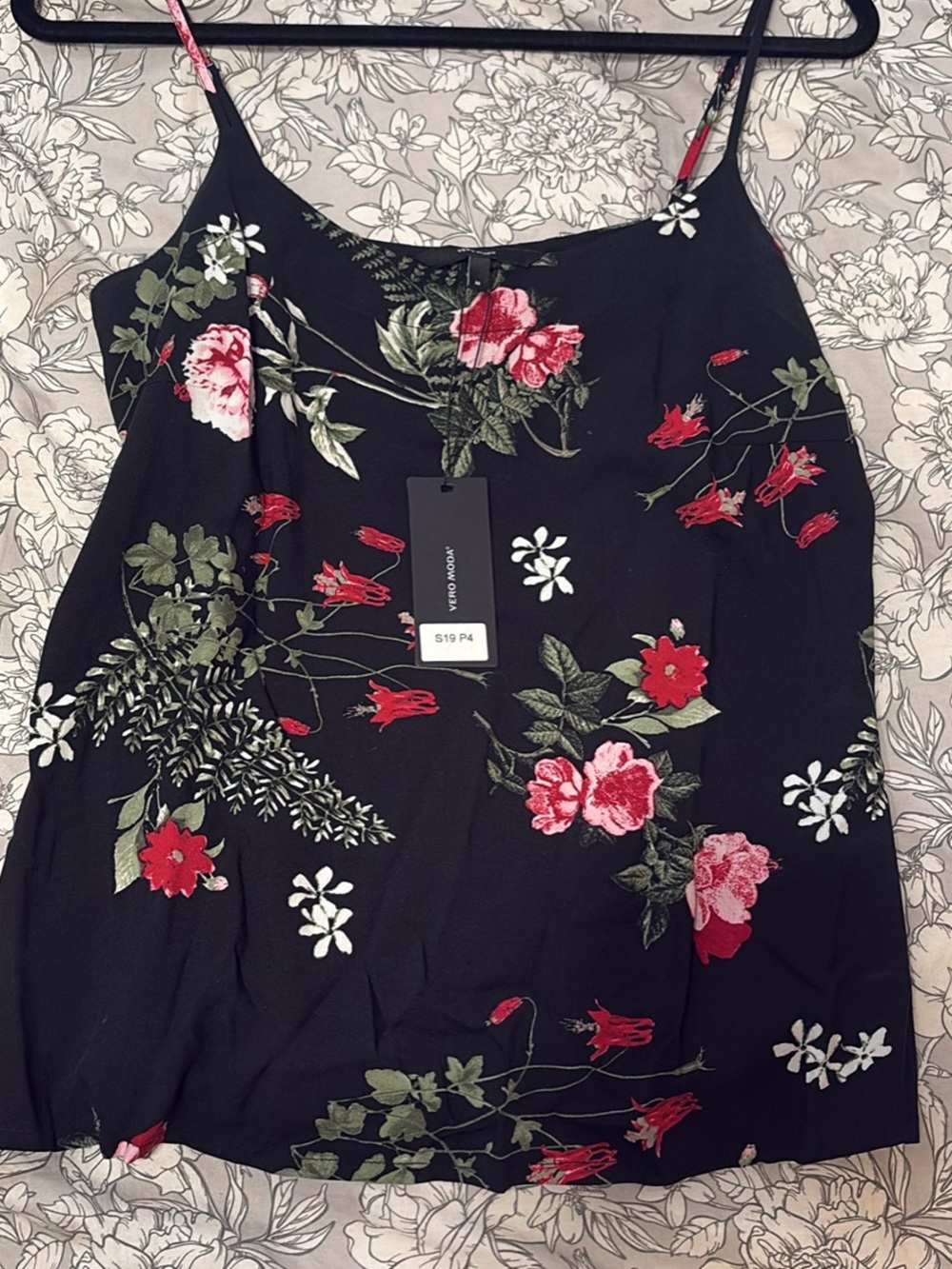 Vero Moda Black Floral Spaghetti Strap Tank Top with Red & Green Accents